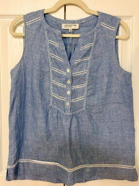 Jones New York Blue Linen Short Sleeve Blouse with White Trim Medium Petite MP
